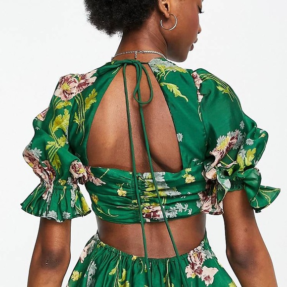 ASOS Tie Front Mini Dress in Textured Voile Art Nouveau Green Floral Size 10 - Picture 3 of 16